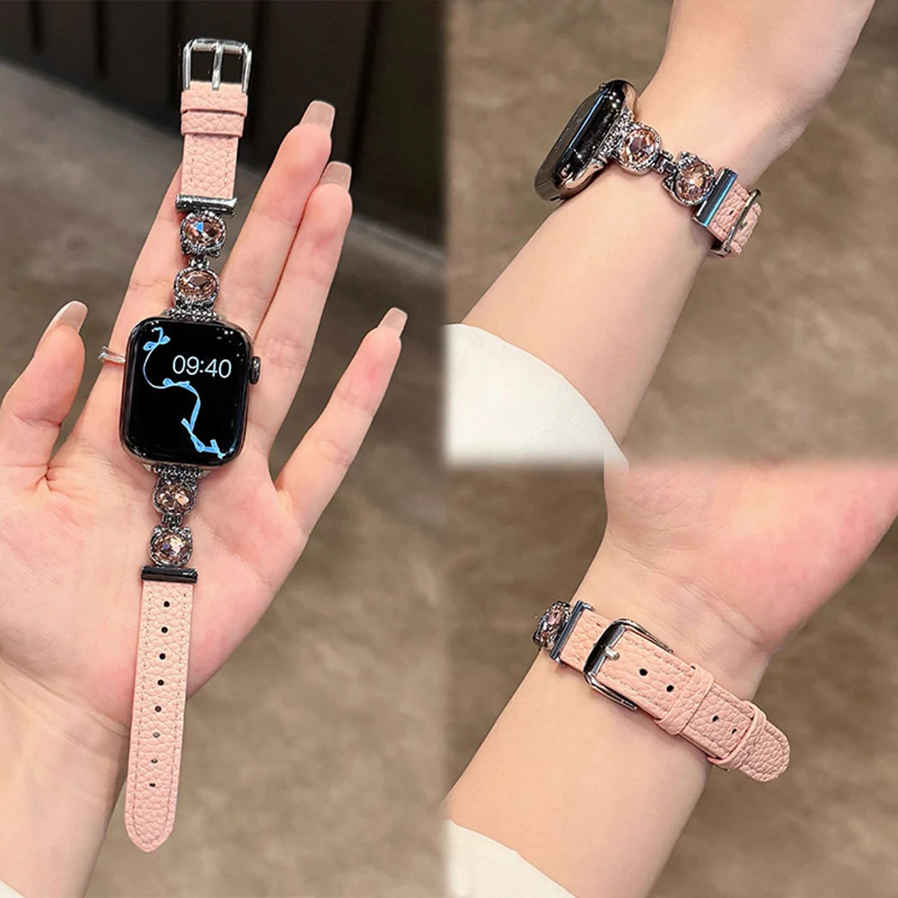 

Diamond Cat Strap for Apple Watch 10 9 Band 42mm 41mm 46mm 44mm 45mm 40mm Women Leather Belt Bracelet iWatch Series 8 7 Se 6 5 4