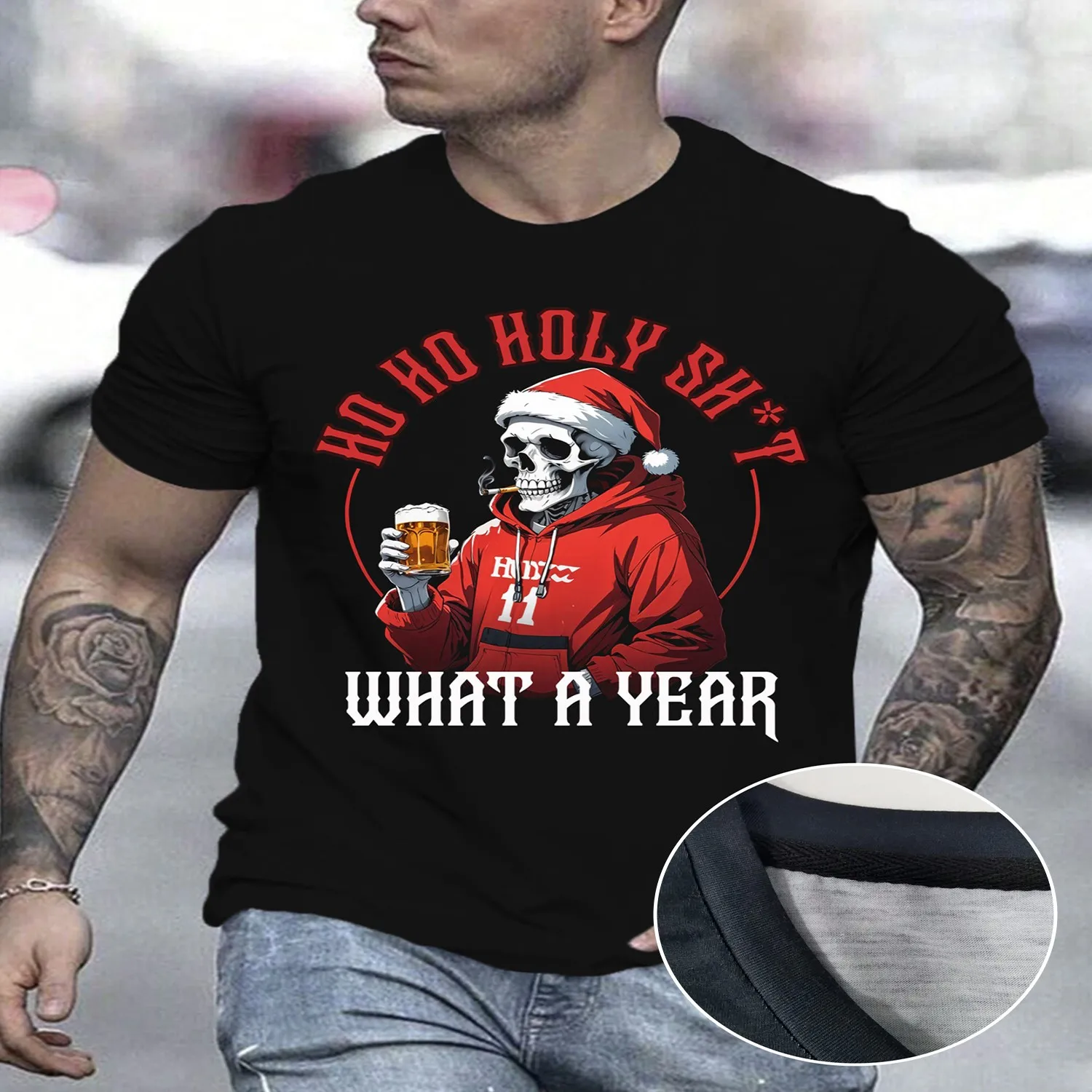 Men's Christmas Cool Skeleton What a Year Printed T-Shirt Micro Stretch Short Sleeve Round Neck T-Shirt Summer Outdoor Clothing Gift for him, Retro graphic tee