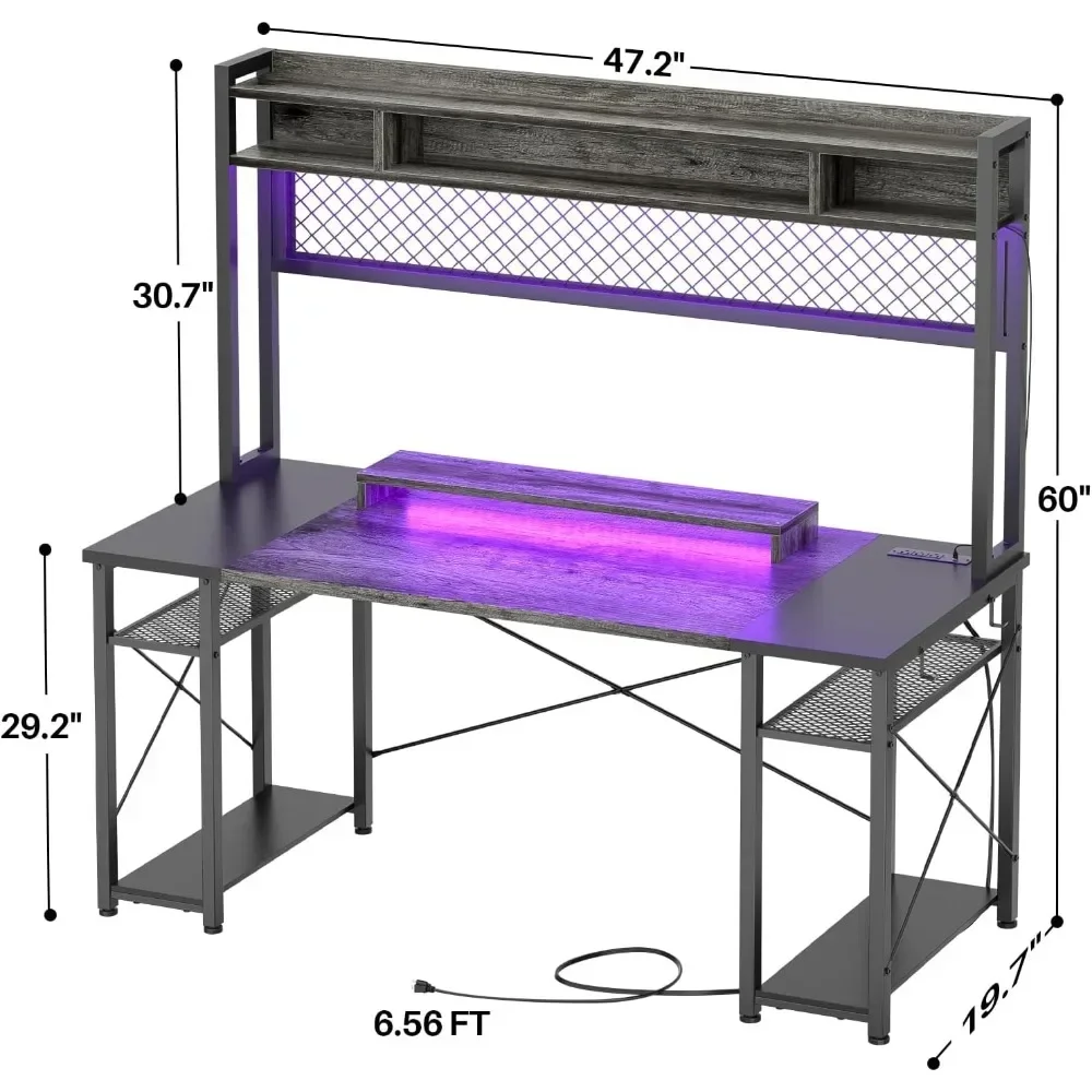 Mesa de Jogos com Hutch, Grande Mesa do Computador com LED e Estação de Carregamento, Mesa Home Office, Pegboard, Tomada, 48