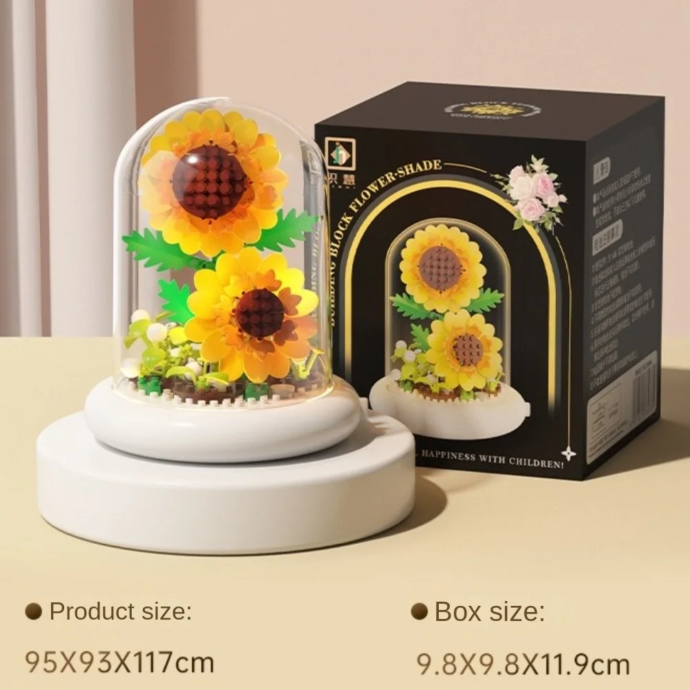 꽃 꽃다발 빌딩 블록 먼지 커버 플라스틱 식물 분재 빌딩 장난감 배터리 구동 조명 기본 데스크탑 장식품