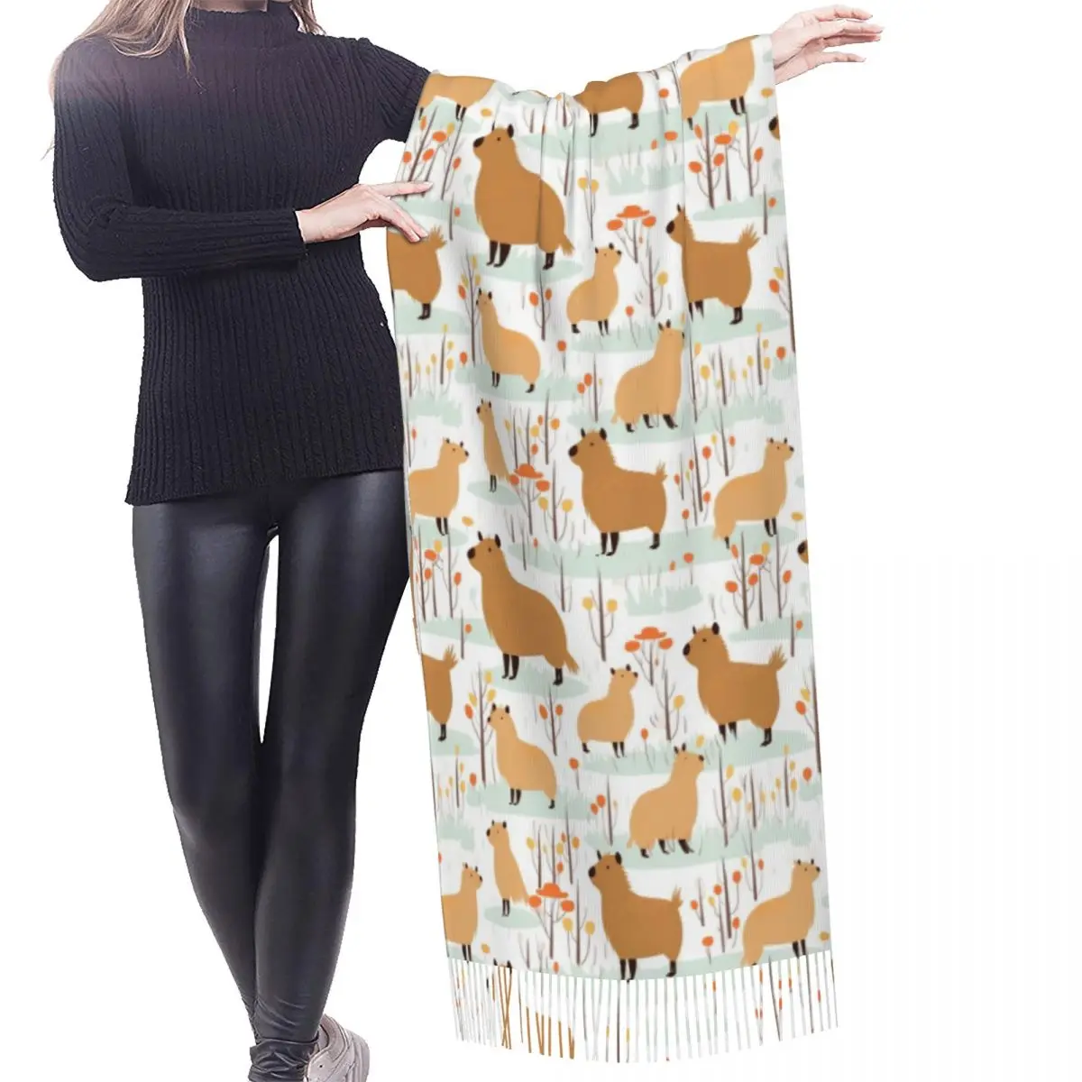 Flat Pattern Of Capybaras And Trees Pattern Tassel Scarf Women Soft Versatile Female Shawls Wraps Female Winter Fall Scarves