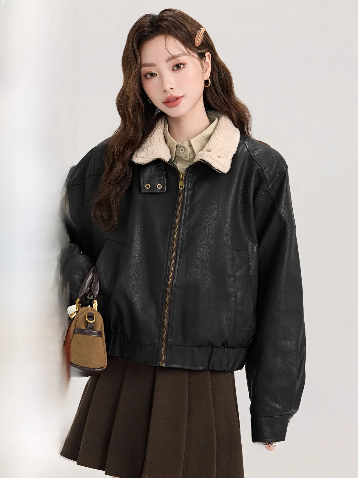 American Sle Short Leather Jacket Women's Biker Clothes Fur And Leather Integrated Autumn Winter High Sensation Miniature M...