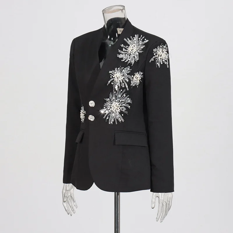 HKSH Primavera Autunno Nuove donne Blazer scollo a V monopetto asimmetrico in rilievo con paillettes tendenza elegante giacca cappotto di fascia alta HK16436