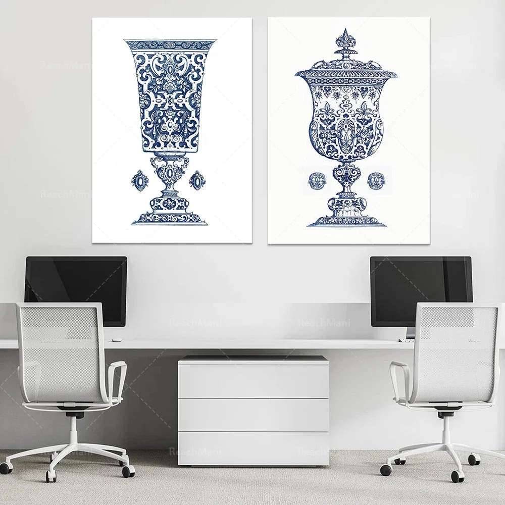 2 juegos de porcelana azul y blanca, decoración de plantas, jarrones de estilo chino, arte de los años 1, arte de la pared de salón, porcelana azul, indi