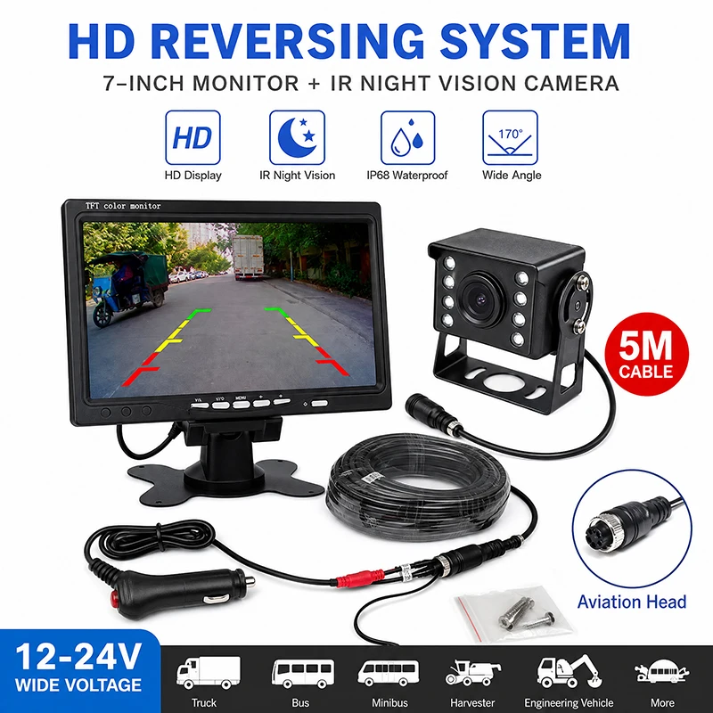 Easy-to-Install Reversing Camera 7-Inch LCD Color Rear View Monitor 12V/24V Is Suitable for Buses, Trucks, RV Trailers, Pickup T