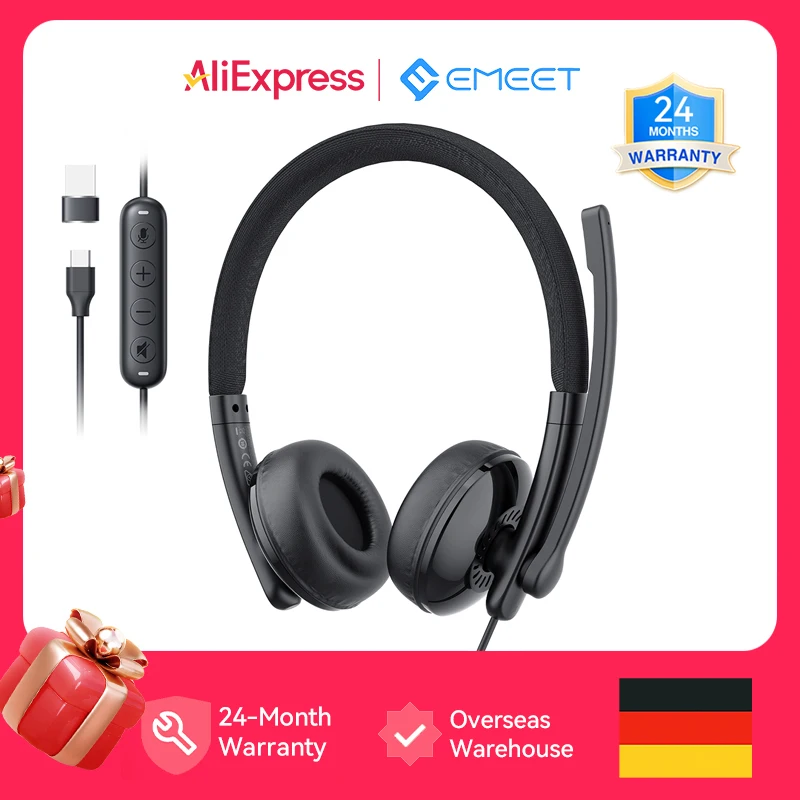 EMEET Wired Headset with Microphone Call Center USB Headphones ENC Noise Cancelling Office Cable Earphones for Phone/PC Computer