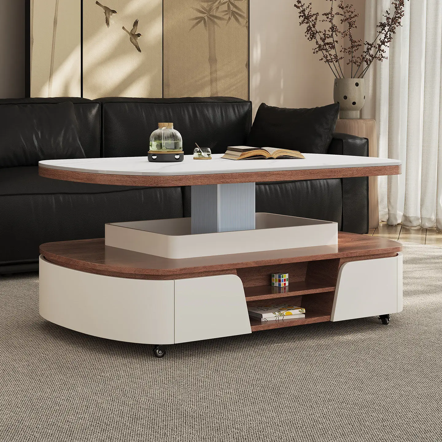 

Electric Lift Coffee Table Sintered Stone With Casters Storage Luxury Sturdy Living Room Home Space Saving Functional Furniture