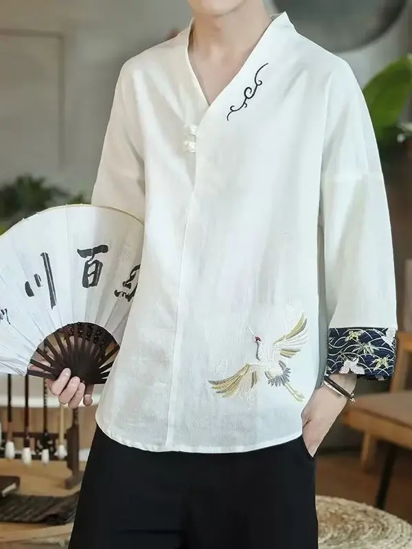 Summer Traditional Chinese Linen Tang Suit Men Hanfu Style White Men\'s Cotton Linen Tops T Shirt Men Kungfu Clothes Tang Suit