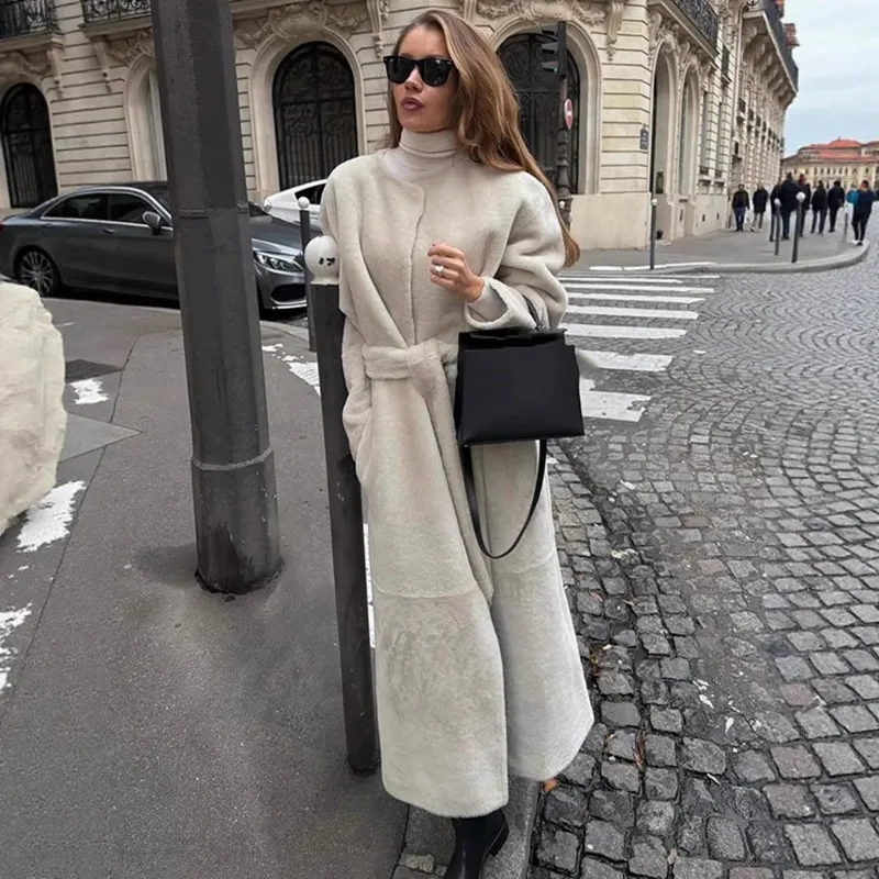 Women's Cream Shearling Long Coat Belted Waist Oversized Full Sleeve O-neck Jacket Winter Casual Outings Daily Work Cold Weather