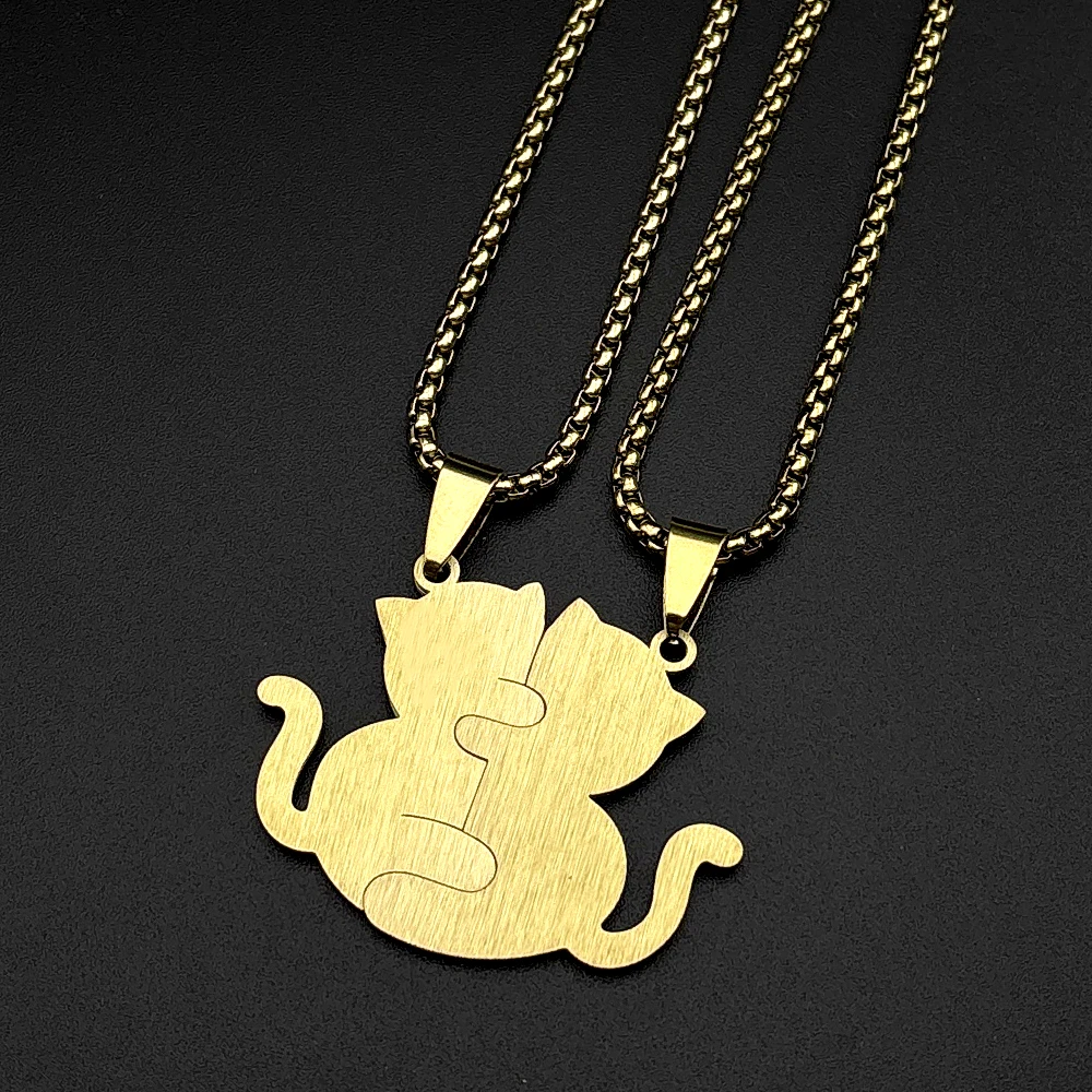 2-teiliges Set Edelstahl Schwarz Weiß Rosa Katzen-Halskette Liebesumarmung Katzen Paar-Anhänger Halsketten BFF Schmuck für Frauen und Freundinnen – Detail 8