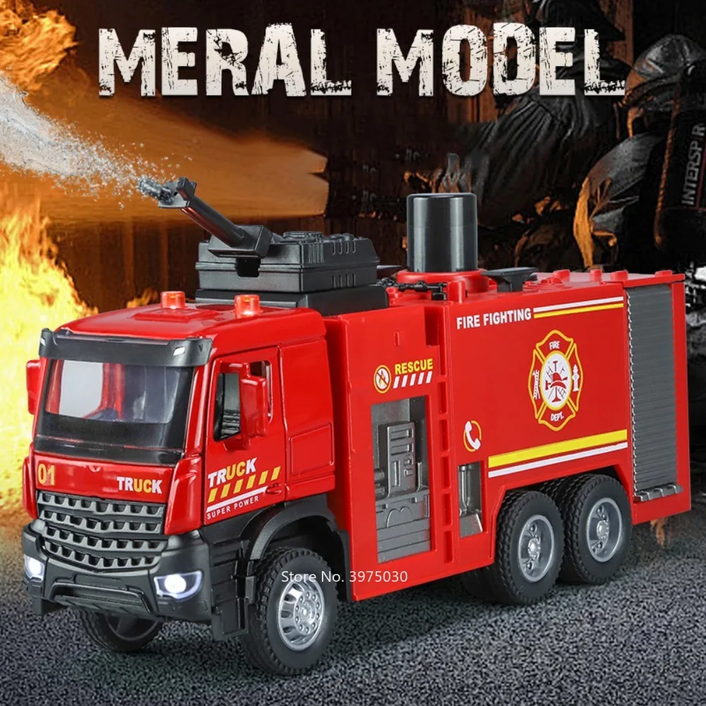 1/32 Ladder Truck Water Tanker Fire Toy Car Model Alloy Diecasting Sound Light The Car Door Can Be Opened Vehicles Birthday Gift