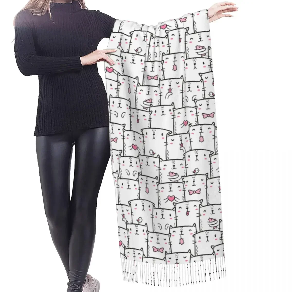 Winter Tassel Scarf Cute Cats Doodles Pattern Women Cashmere Scarves Neck Head Warm Pashmina Lady Shawl Wrap Bandana