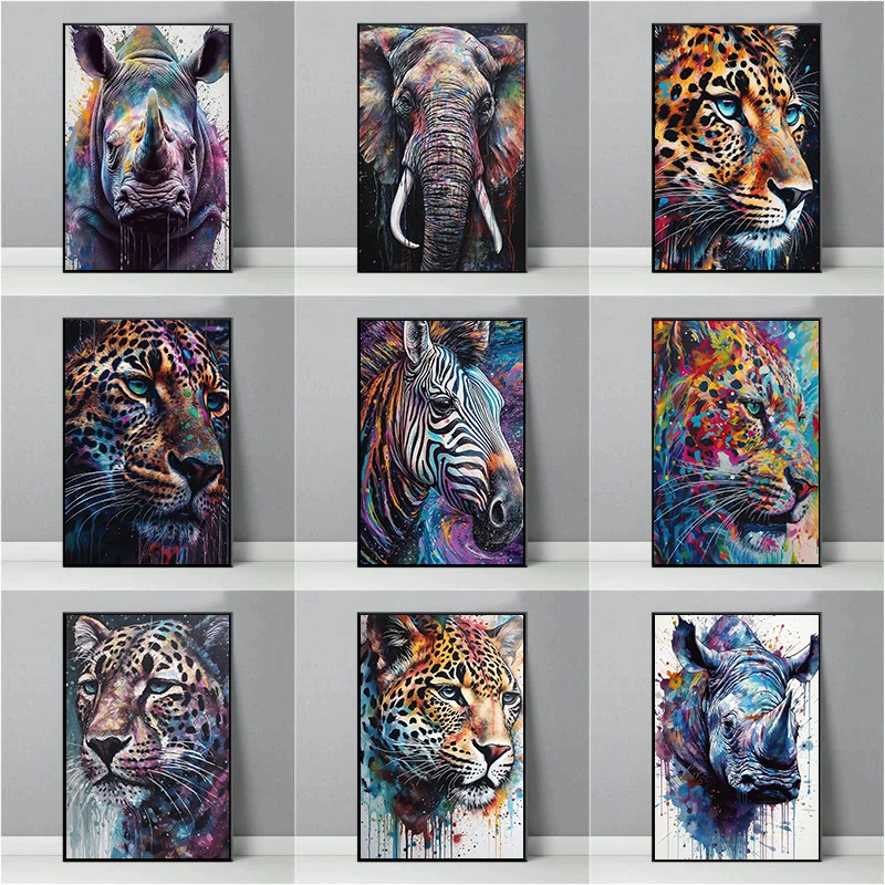 Colourful Wildlife Poster Jaguar Lion Zebra Rhino Giraffe Canvas Painting Splatter Wall Art Picture for Living Room Home Decor