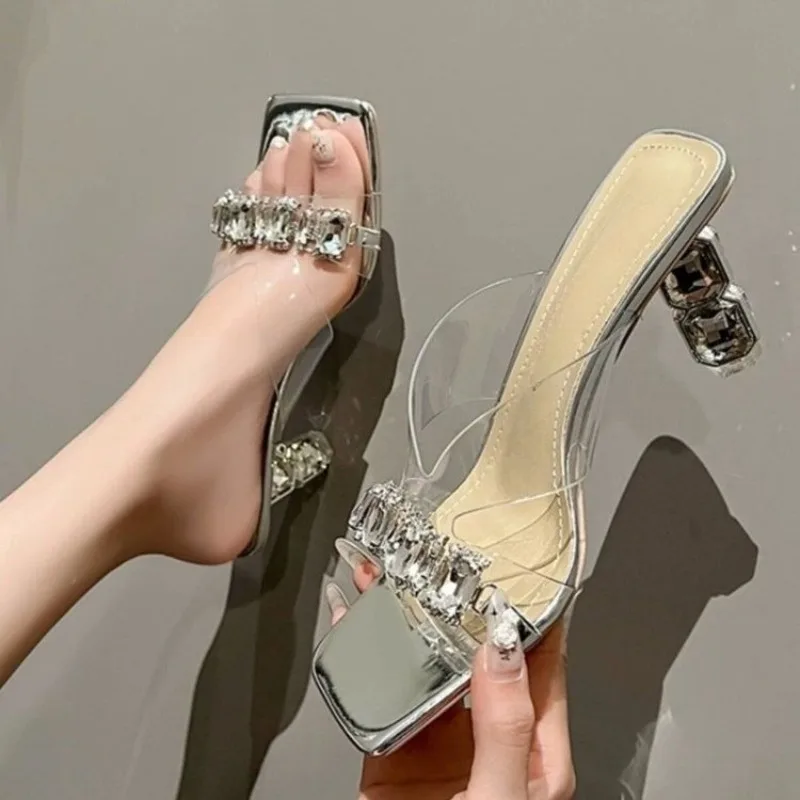 Transparent Slippers Women's Rhinestone Crystal 2026 New Summer Wear Fashion High-end High-heeled Shoes