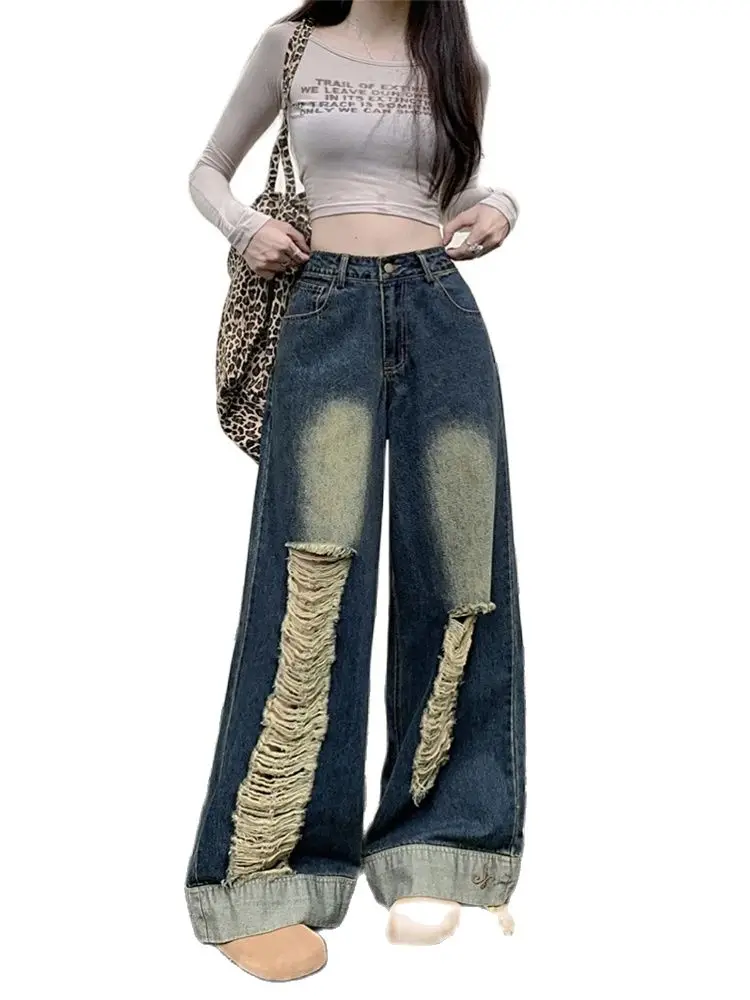 

Women's Y2k Ripped Jeans Harajuku Japanese 2000s Style Baggy Oversize Denim Trousers Straight Jean Pants Vintage Trashy Clothes