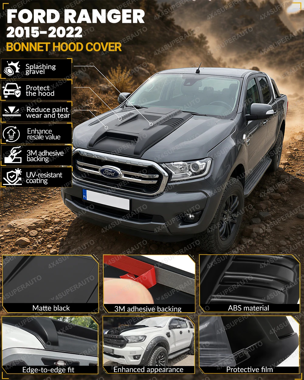 Bonnet Scoop Hood Cover For Ford Ranger T7 T8 2015-2022 WILDTRAK XL XLT MATTE BLACK Bonnet Protector Car Accessories