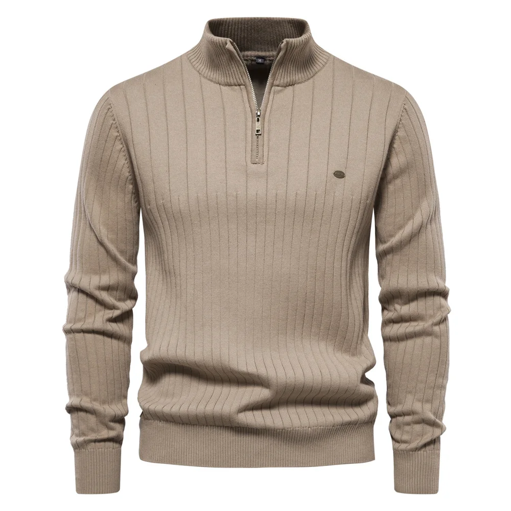 

New Men's Premium Stand Collar Half Zip Sweater Spring Warm Solid Color Mans Knit Pullover, Soft Cotton Casual Knitwear For Man