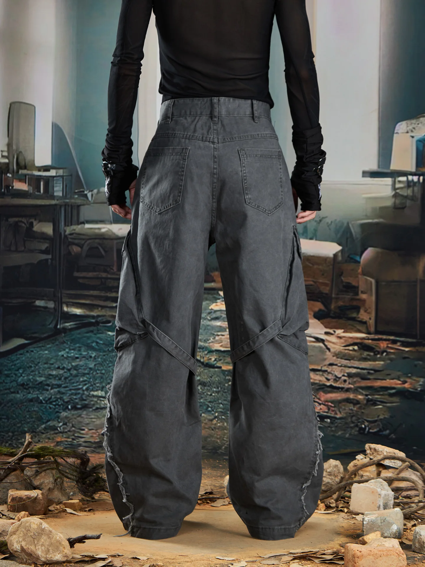 Special-Interest Design Ribbon Stitching Large Pocket Retro Washed Distressed Tasseled Jeans Loose Straight Trousers