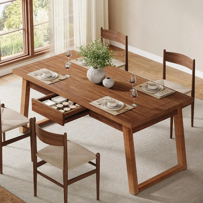 

Rectangular Modern Dinner Kitchen Table with Solid Wood Legs for 4-6 People