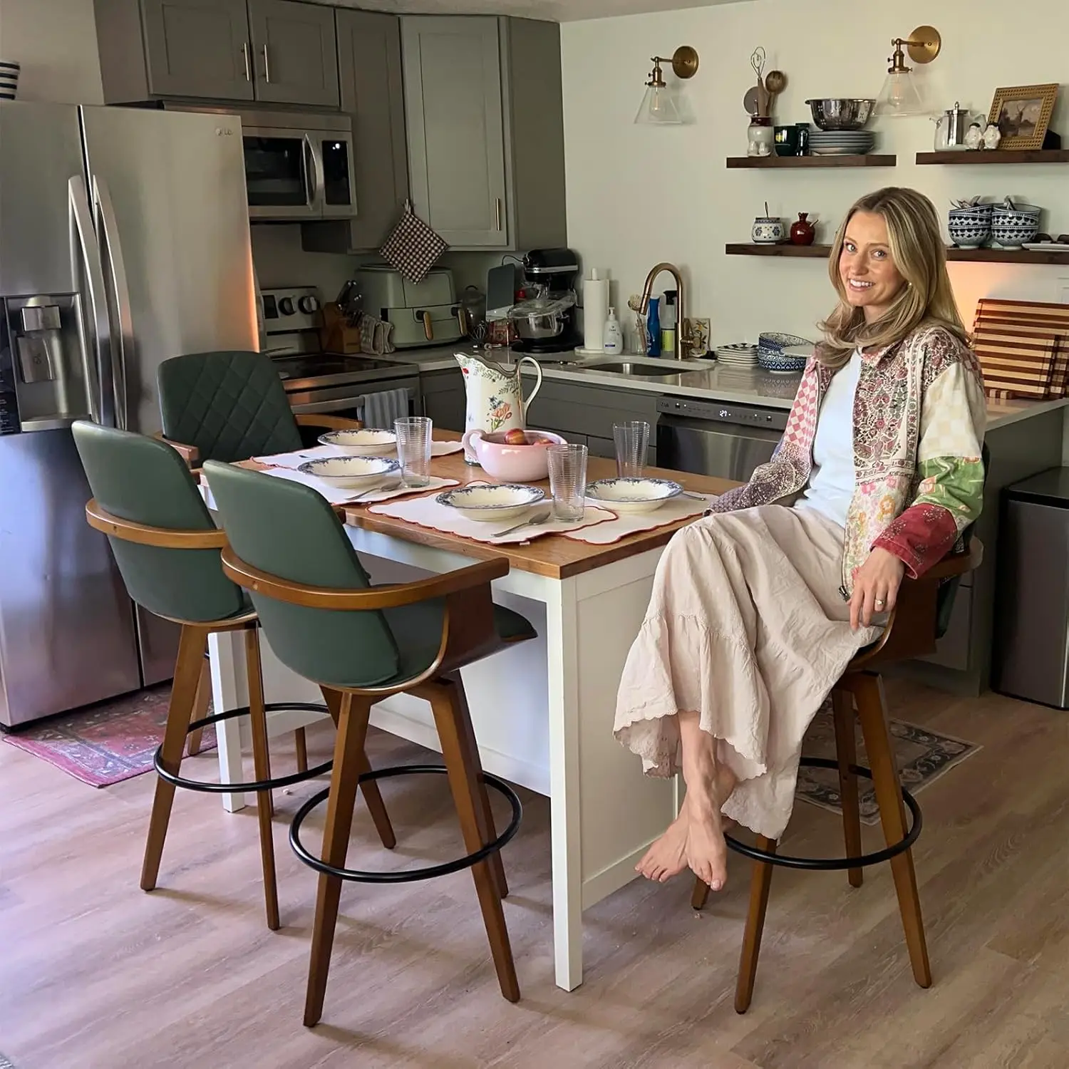 Swivel Bar Stools Set Of 3 - 29.1 Inch Mid Century Bar Stools With Walnut Craftsmanship, Curved Back And Arms,, Customized