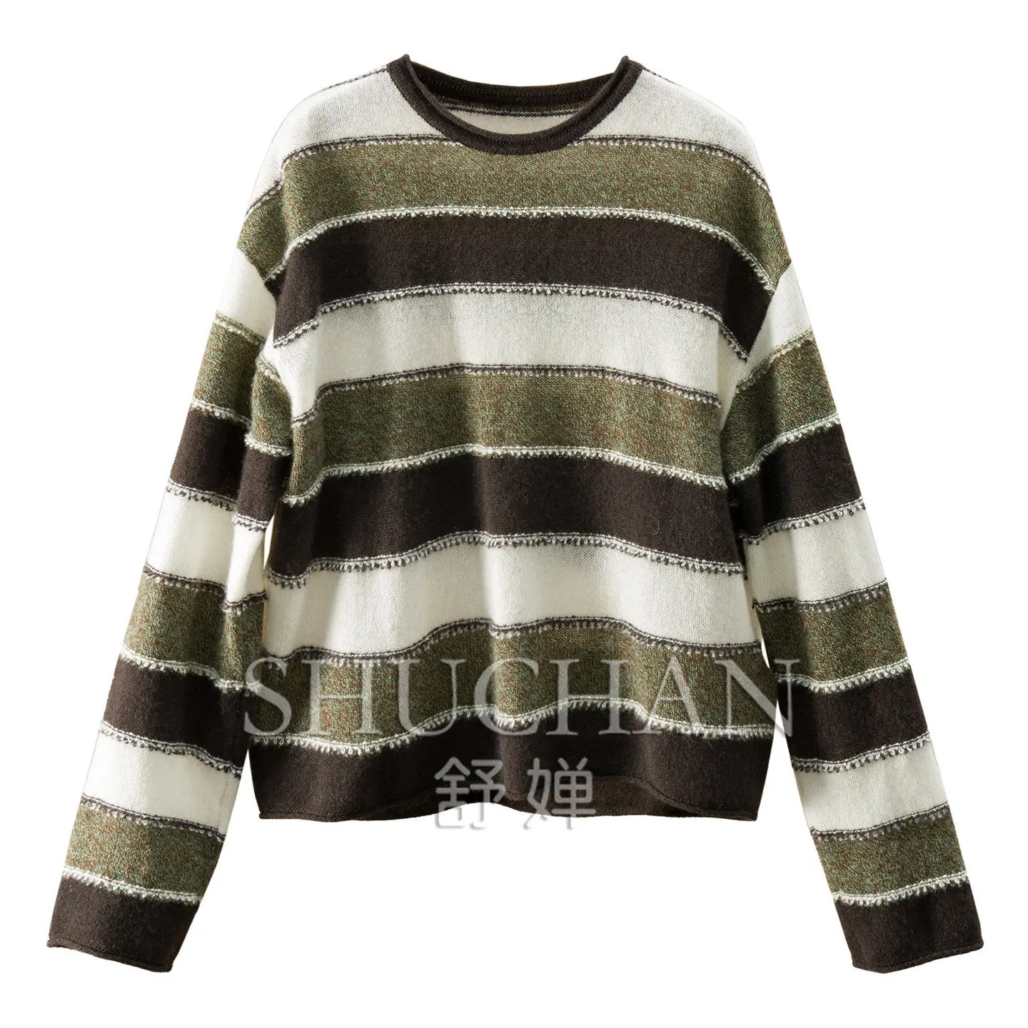 pullover Mountain Contrast Color Pullover Loose 100% Cashmere Striped Curled Crew Neck Sweater Women F377