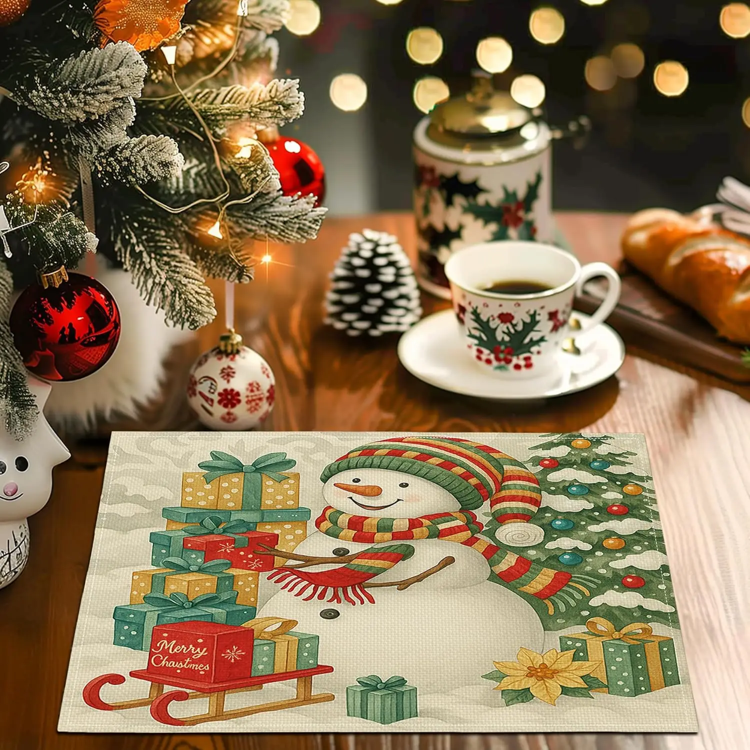 Snowman Pine Tree Print Placemats 4pcs, Heat-Insulating & Durable, Home Kitchen & Dining Table Mats