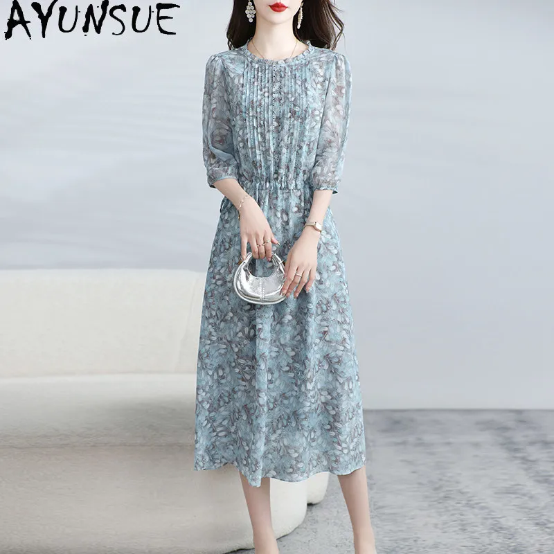 AYUNSUE 100% Mulberry Silk Beach Dress Women Elegant Womens Dresses Slim Fit Summer Clothes Print Half-sleeve Vestido Feminino