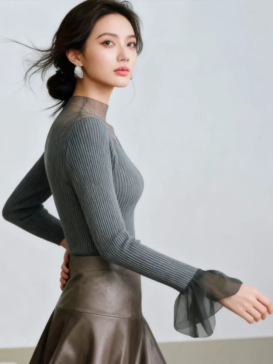 Autumn Winter Lace Splicing Half High Collar Knitted Sweater Women Long Sleeve Inner Wear Faux Fur Base Shirt Bell Sleeve Top view 2