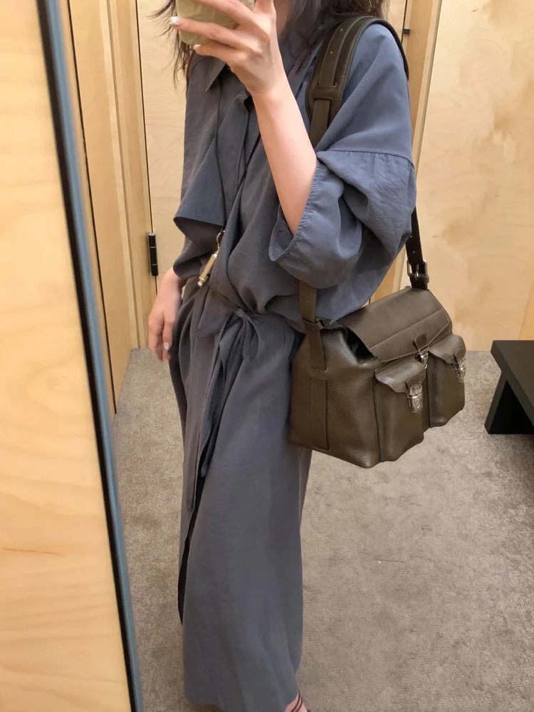 Vestido Csero Hoado con Cinturón, Abertura Lateral, Cintura Alta, Estilo Línea A, Verano, Casual, Manga Larga, Cuello Po...