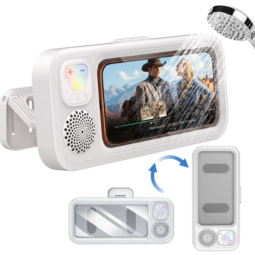 Shower Phone Holder with Speaker,IPX6 Waterproof Clear Sound & 480° Rotation Shower Case Accessories for Waterproof Bathroom