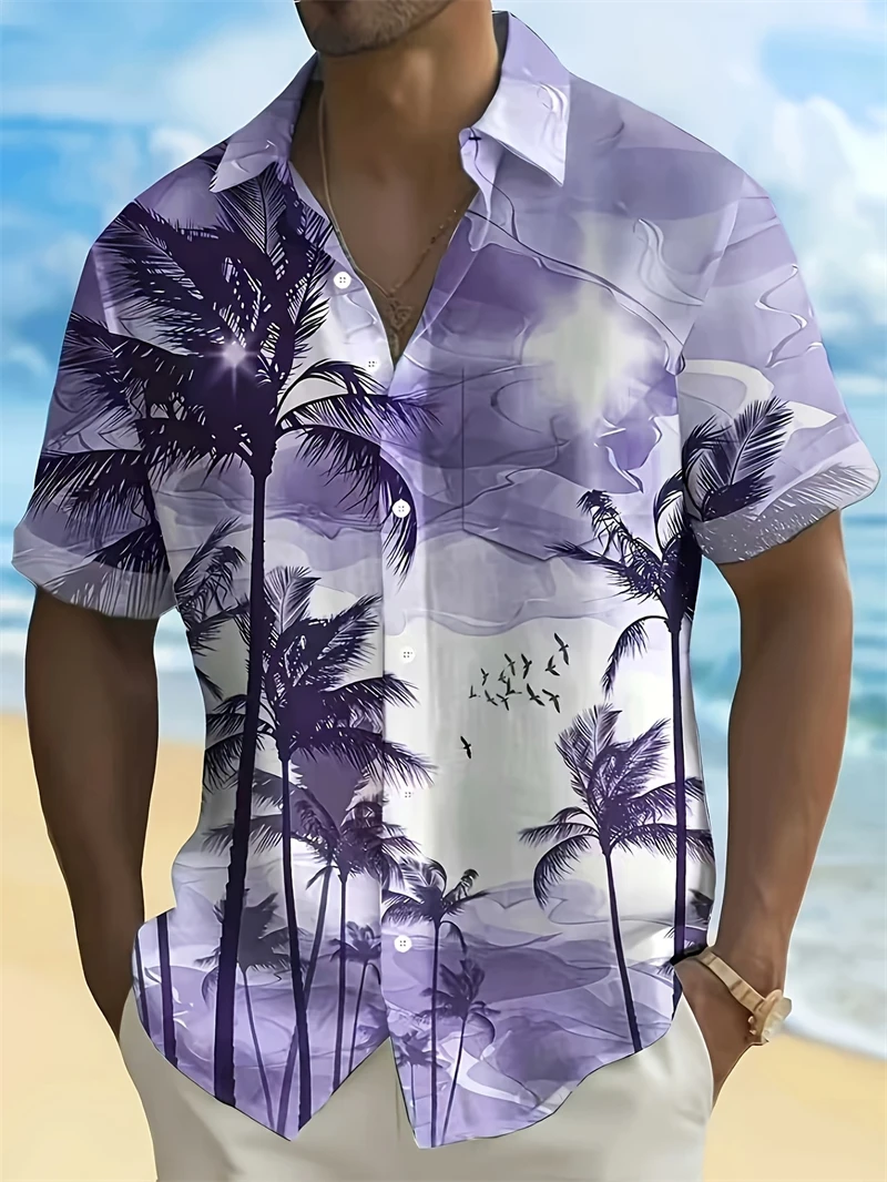 Purple Gradient Hawaiian Man Shirt With Tropical Palm Tree And Bird Print For Casual Wear Casual Fashion High Quality Shirts