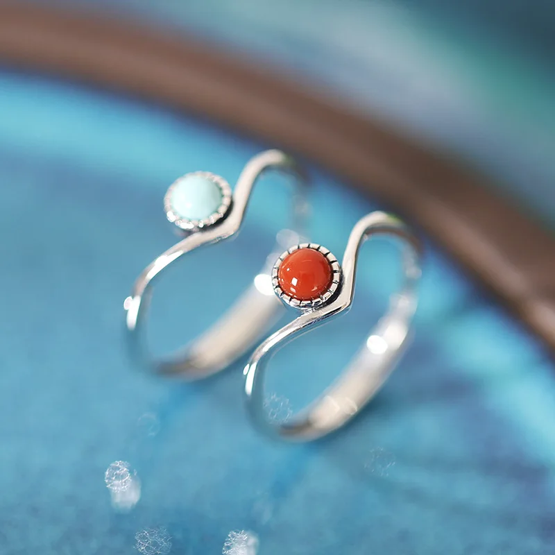 

QIBAOKU New V-shaped Ring for Women 925 Silver Turquoise Fashion Party Wedding Ring Festival Gift Adjustable Size