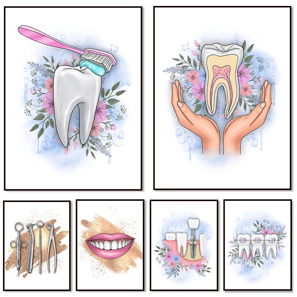 Dental art, Medical artwork, Floral tooth anatomy, Dentist office gift, Dental health poster, Dental care, Dental clinic