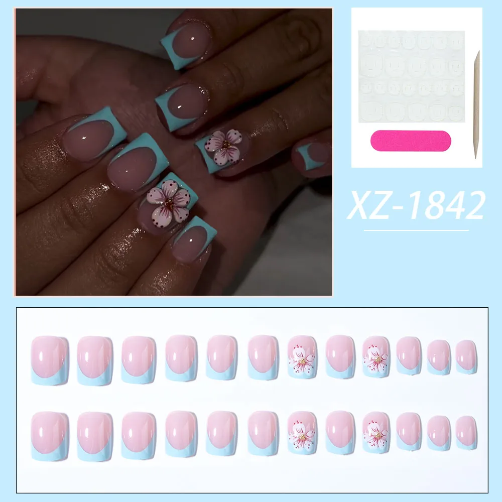 24 قطعة أظافر هلامية قصيرة مربعة ثلاثية الأبعاد بتصميم لامع طرف فرنسي اضغط على الأظافر مجموعة أظافر صناعية قصيرة مثالية من الأكريليك I #5