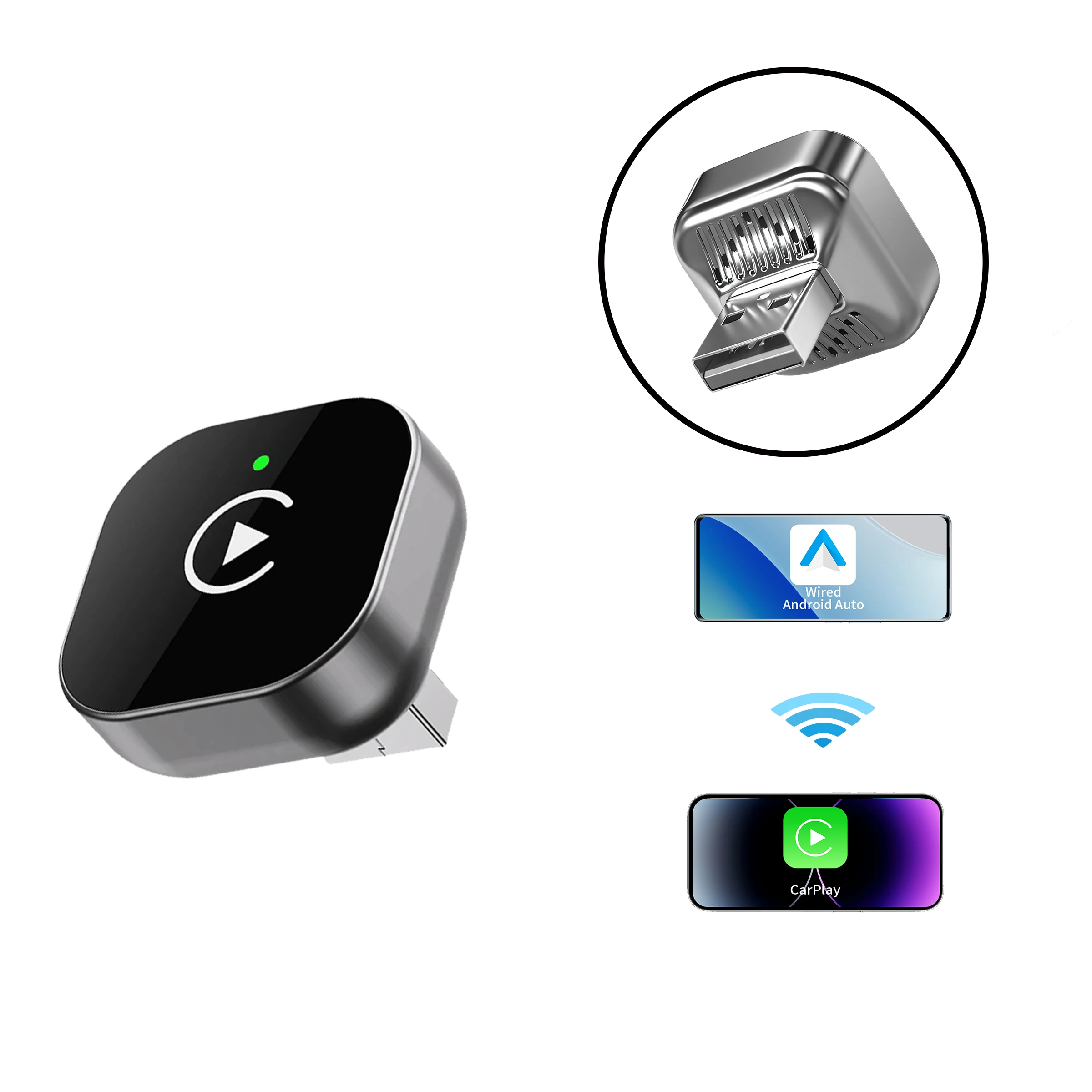 Adaptador Pionray 2 en 1 inalámbrico CarPlay y Android Auto – Caja inteligente AI para todos los automóviles – Compatibilidad universal con cable sin costuras