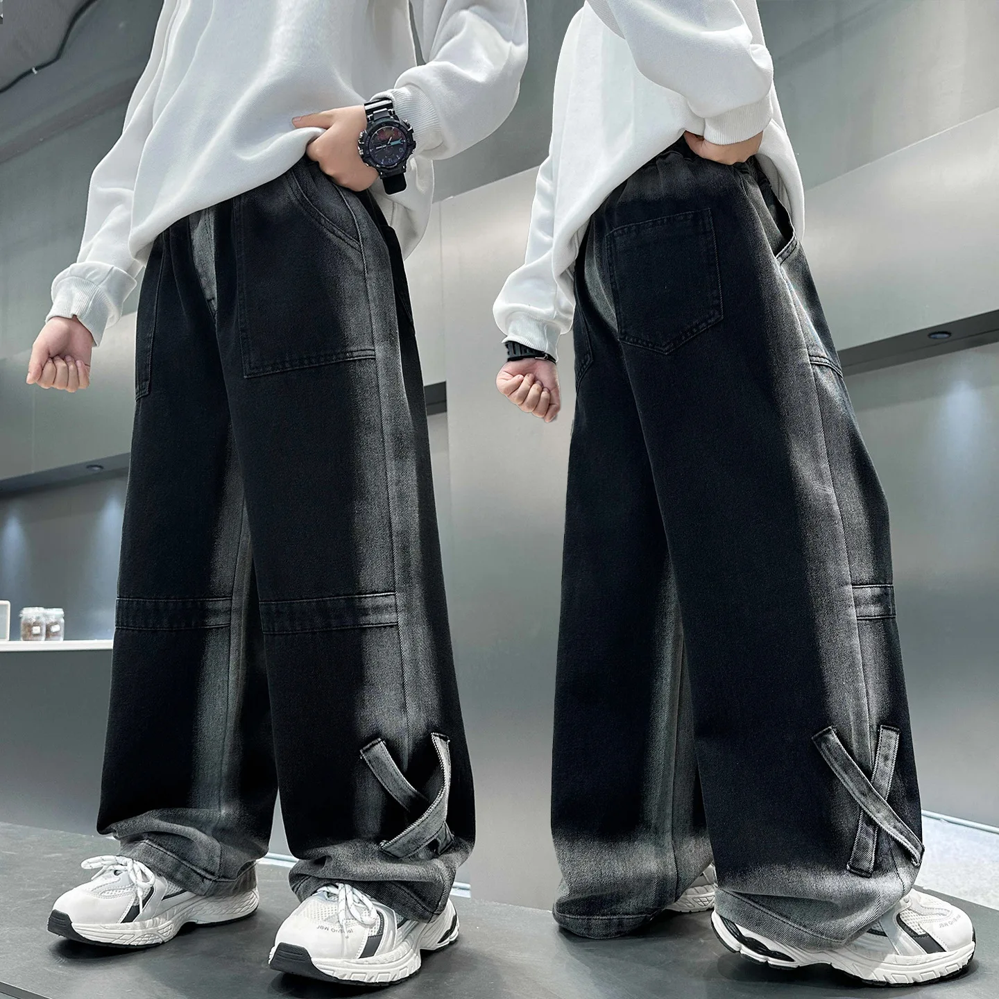 2025 Auutumn New Boys Jeans Korean Style streetwear brand Kids Black Loose Jean Pants Trendy childrens outwear Pants