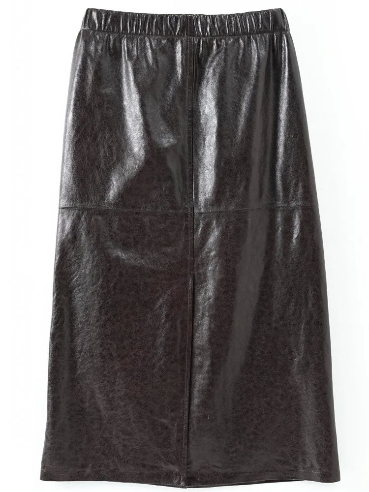 Leisure Ladies Top Quality Genuine Leather Fashion Pockets Straight Skirt Versatile Solid Color Sheepskin High Waist Skirts