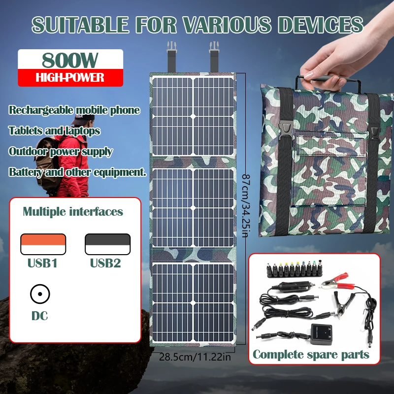 800W Portable Solar Charger, Foldable Design with 12V Battery Station and 5V USB – Charge Phones, Laptops, More for Camping