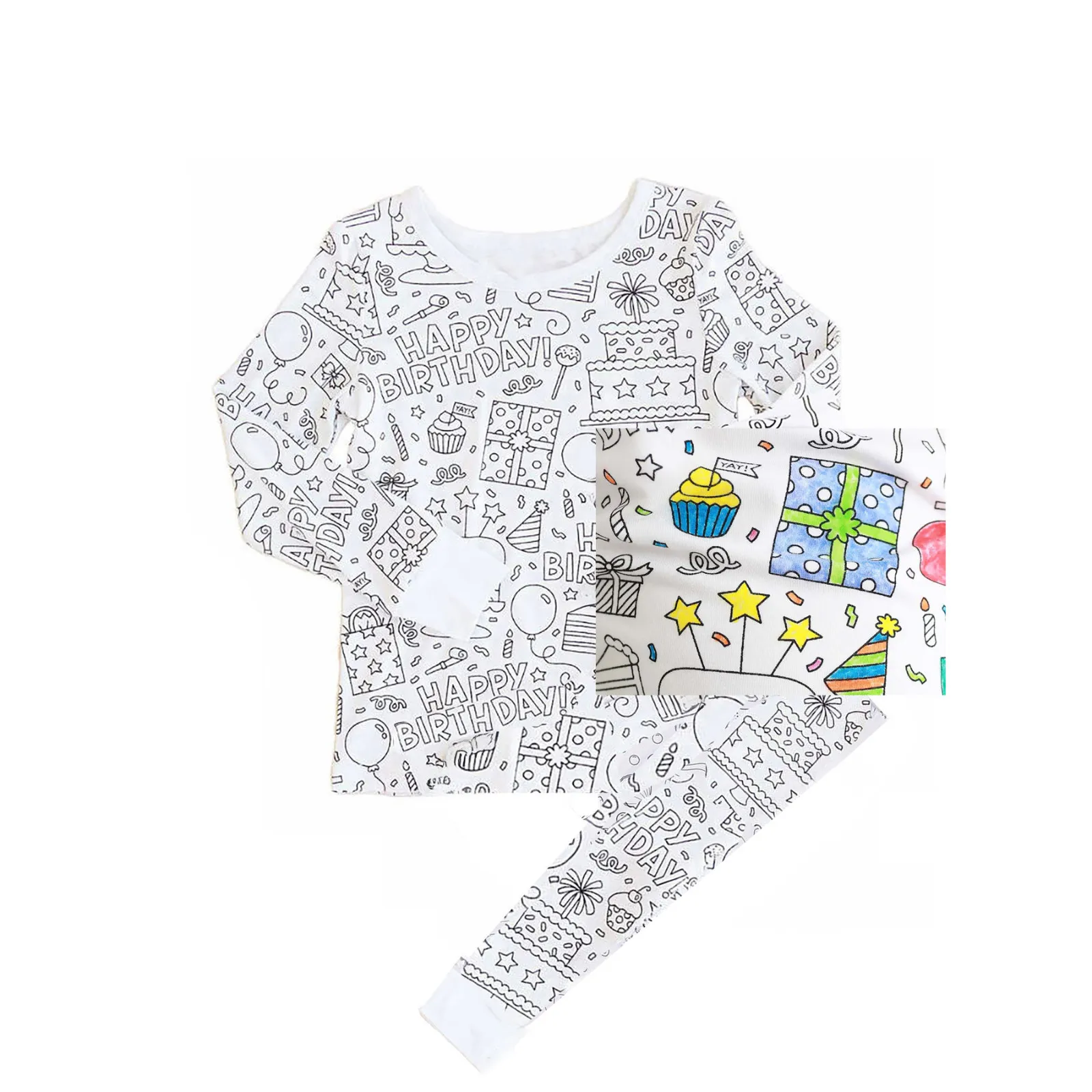 Colorable Two Piece Pajama Set for Children Boys Girls Color Your Own Handcraft Pyjamas Kids DIY Coloring Kit for Pajama Party