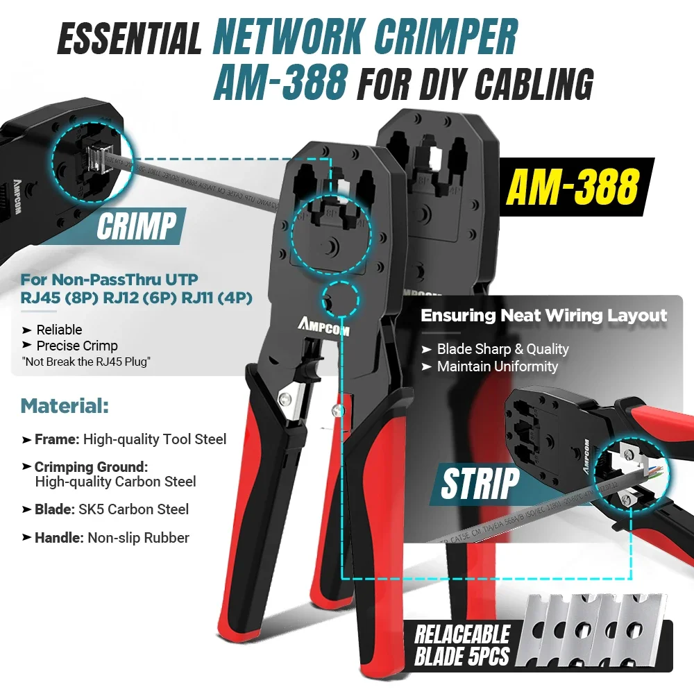 AMPCOM 12 in 1 Network Tool Kit, Professional Portable Ethernet Computer Maintenance LAN Cable Tester Crimper Cutter Repair Se