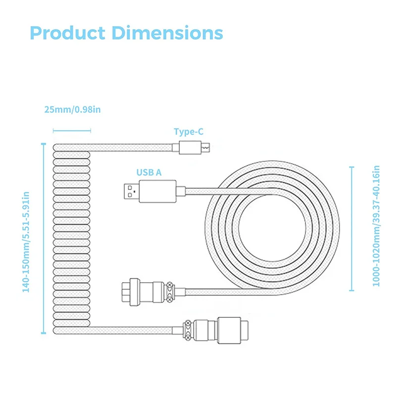 3M USB Type C Mechanical Keyboard Coiled Cable USB Keyboard Wire USB cables Aviator Desktops Computer Aviation Connector 7 color