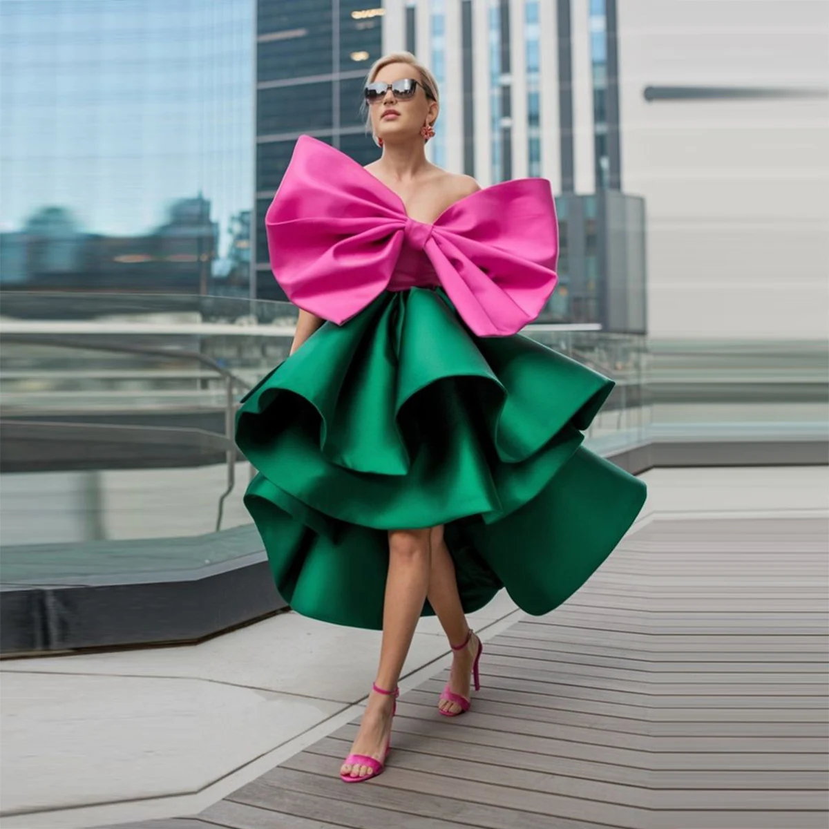 

Фуксия и зеленое атласное платье для выпускного вечера с большим бантом, многоуровневое женское вечернее платье, коктейльное вечернее платье