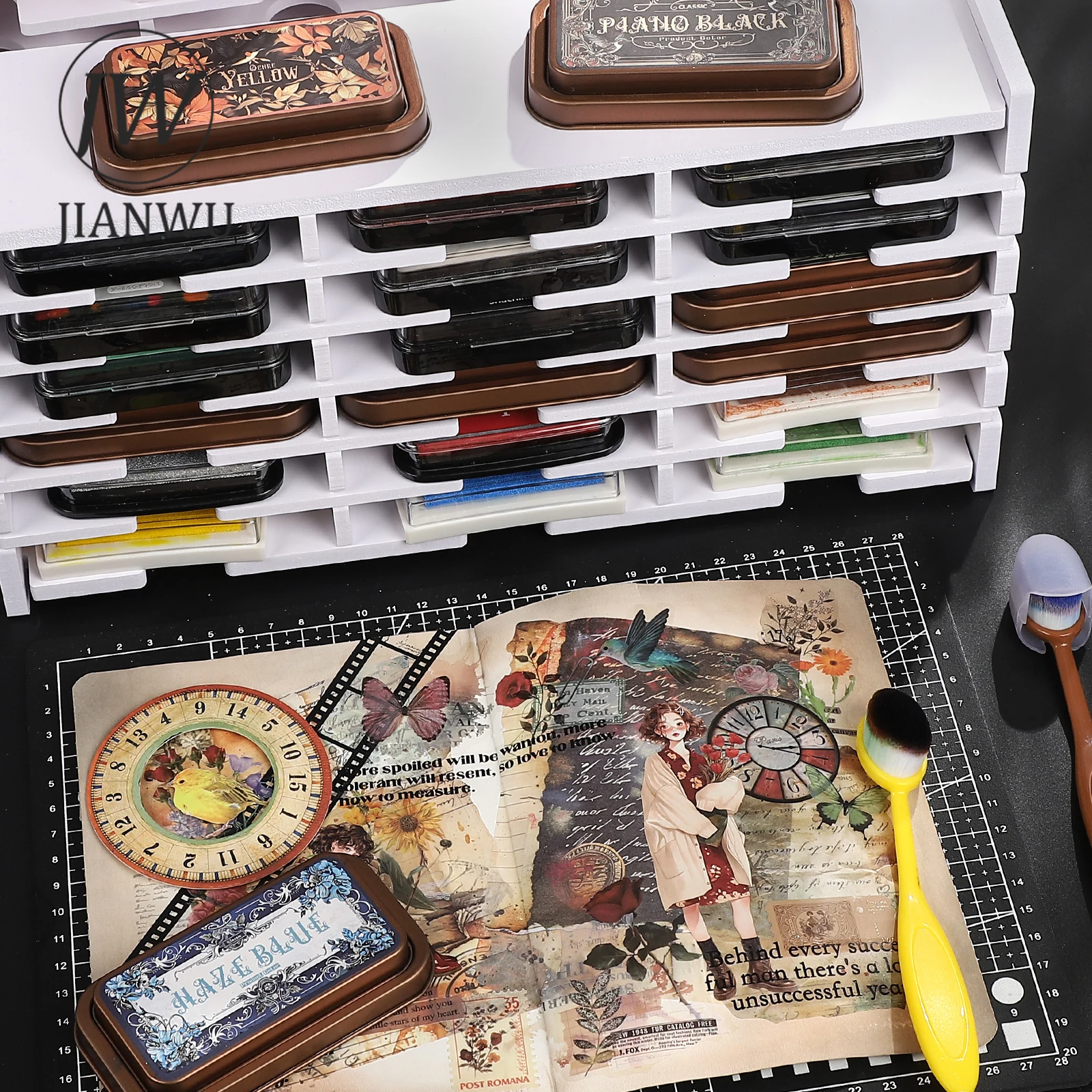 JIANWU 18 Grid/36 Grid Desktop Ink Stamp Printing Storage Box Material Collage Stationery Holder Creative DIY Journal Stationery