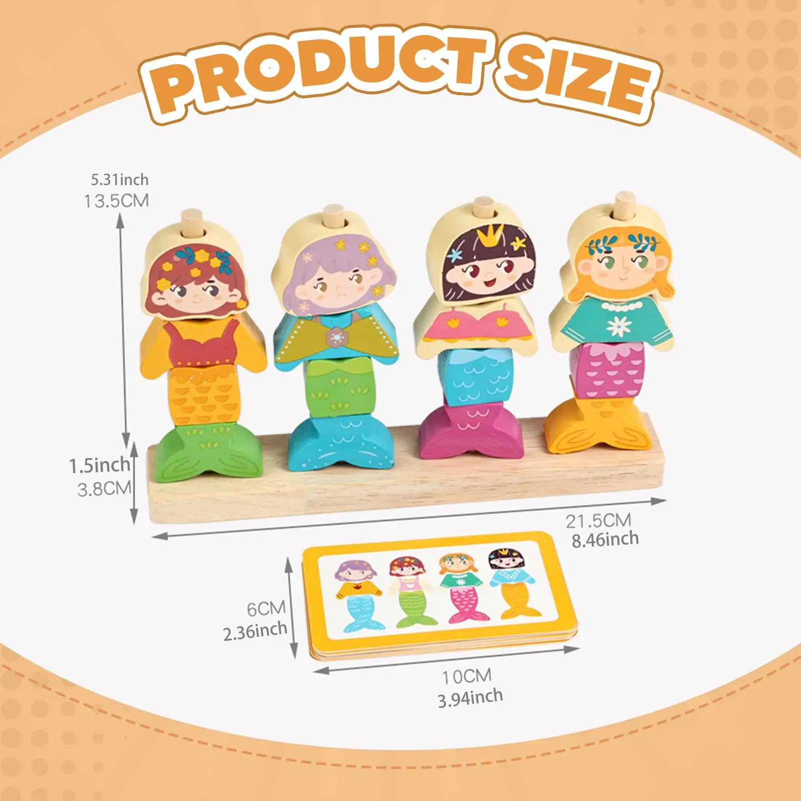 Wooden Dress up Puzzle Mermaid Changing Clothes Stacking Toy Beads Sequencing Toy Set Color Recognition