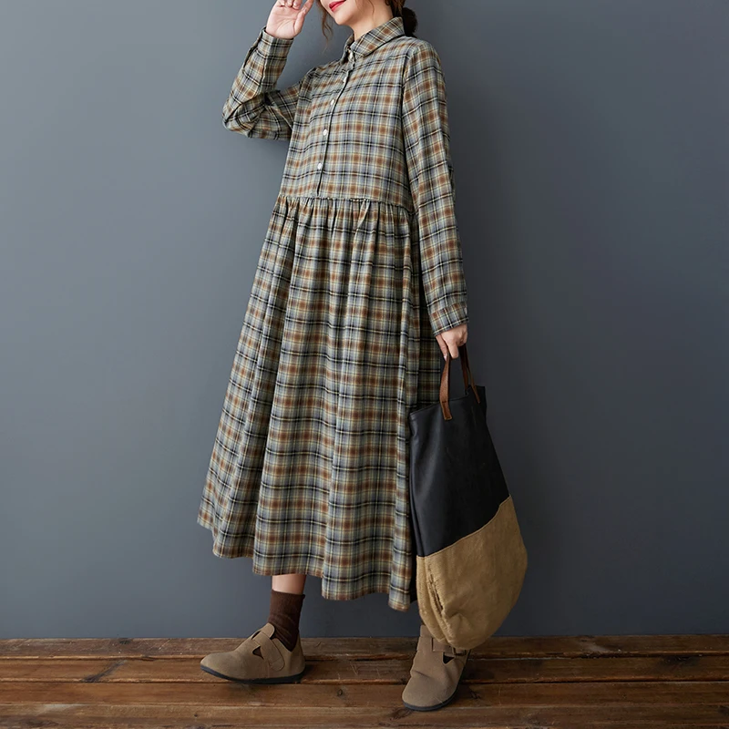 NYFS 2025 Spring New Korea Loose Vintage Woman Dresses Vestidos Robe Ete Femme Long Sleeve Plaid Long Dress