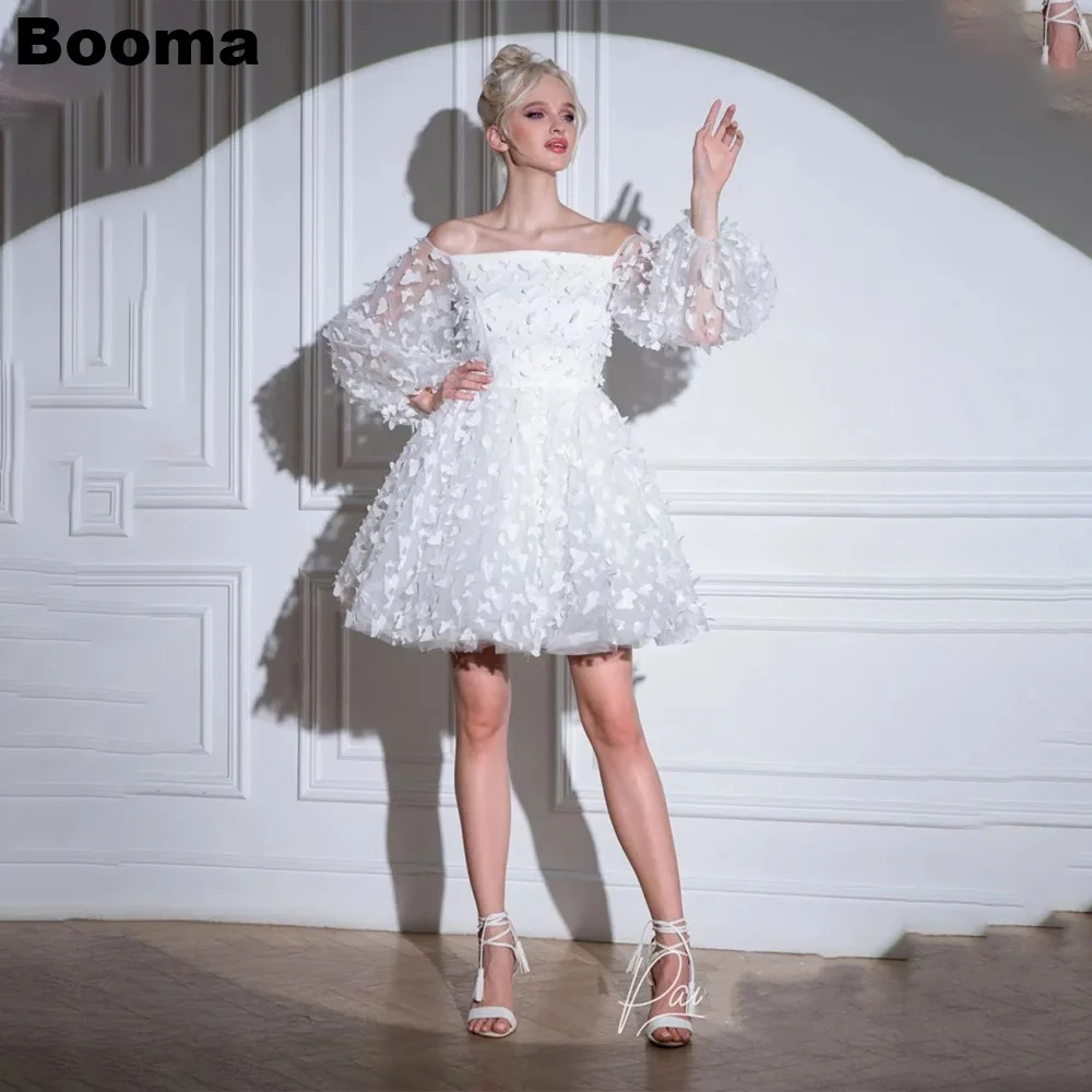 

Booma A-Line Short Wedding Dresses Boat Neck Puff Sleeves Butterfly Lace Brides Party Dresses for Women Prom Evening Dresses