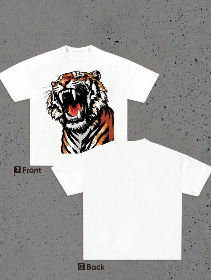 2026 Fashion New Arrival Roaring Tiger Head Graphic Tee Women Fierce Big Cat Fang Illustration Print Crew Neck Short Sleeve Loose Streetwear Casual Basic T-Shirt