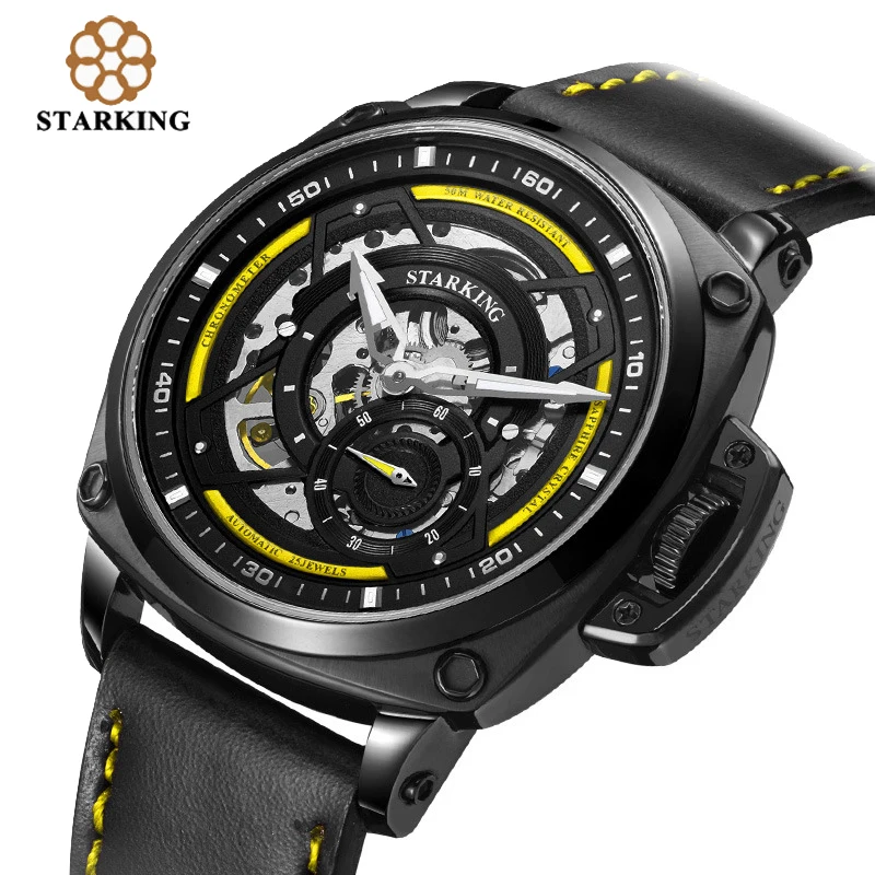 STARKING Brand New Fashion Skeleton Mechanical Watch for Men Luxury Leather Strap  50M Waterproof Sapphire Sports Mens Watches