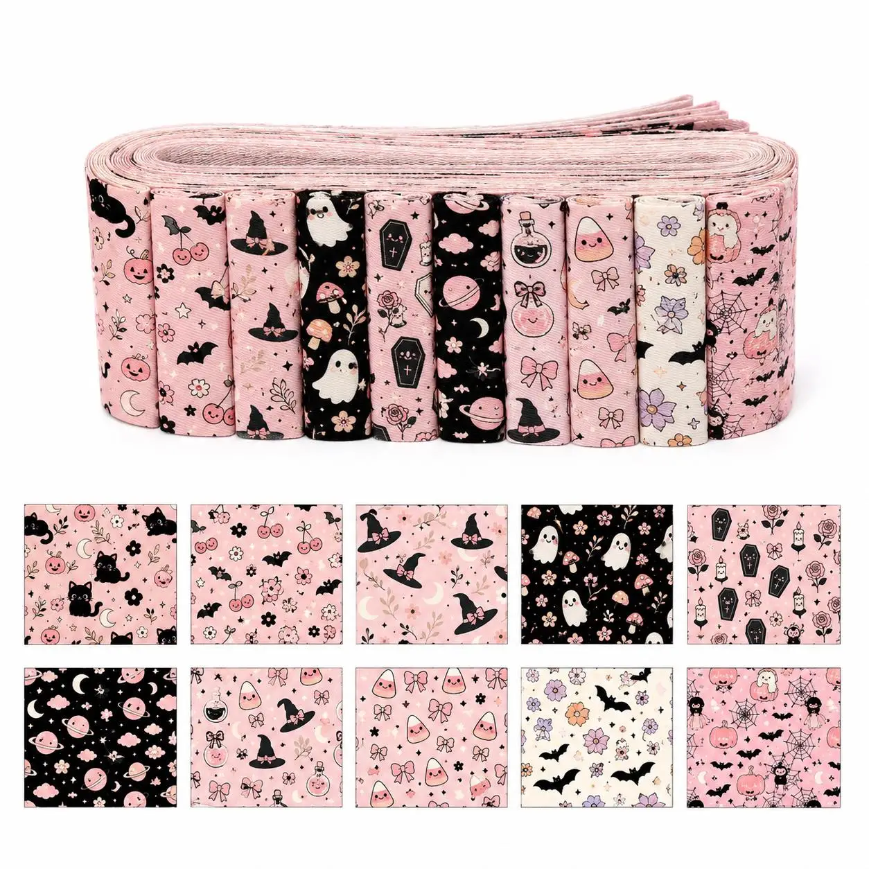 10pcs Cat Bat Ghost Halloween Jelly Roll Fabric Strips 2.5X19.7inch Pre-Cut Polyester For Patchwork Quilts, Table Runners