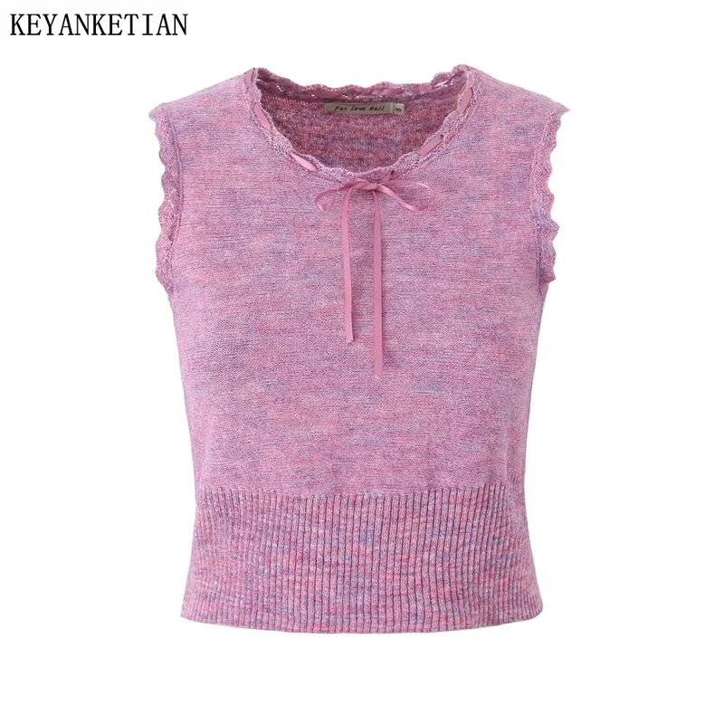 

KEYANKETIAN New Launch Women's Sleeveless Knitted Top Cute Sweet Bow Lace Up O-Neck Corset Ladies Thin Camis Tank Crop Vest Tops